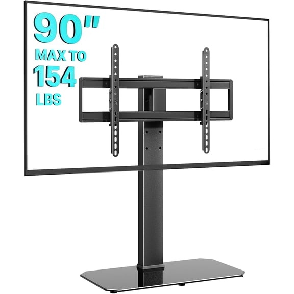 Universal Swivel TV Stand with Mount for 43ā90 in TVs, Holds up to 154 lb, Height Adjustable Tabletop TV Stand with Tempered Glass Base, VESA Max 600x400mm