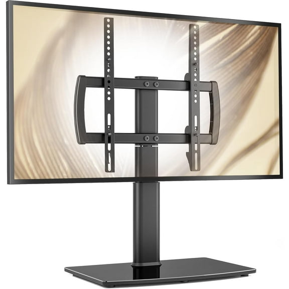 Universal Swivel/Table Top TV Stand 27 to 60 inch TVs 80 Degree Swivel, 4 Level Height Adjustable, Heavy Duty Tempered Glass Base, Holds up to 99lbs Screens, HT04B-001