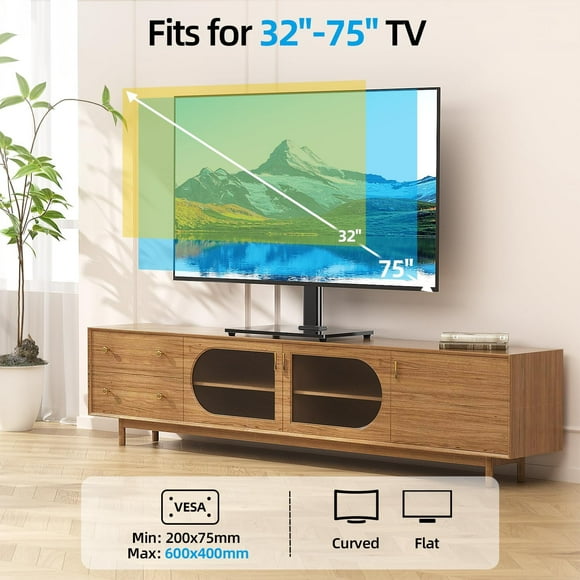 Universal TV Stand for 32-75 inch TVs up to 110 lbs, Height Adjustable Table Top TV Stand with Mount for Living Room Bedroom, Tempered Glass Base, Max VESA 600x400mm