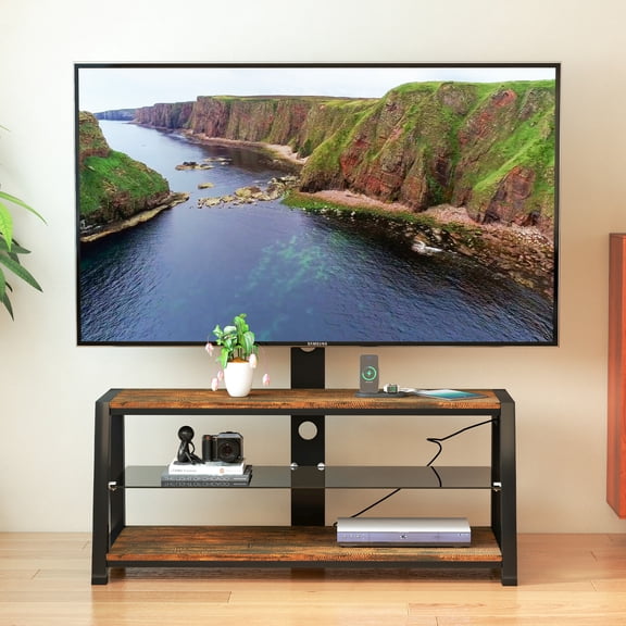 Universal TV Stand with Integrated Power Outlet for 32-65 Inch TVs, Height Adjustable Entertainment Center with Storage Shelves and Cable Management in Wood Finish
