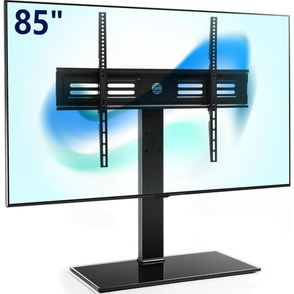 Universal TV Stand with Swivel Mount for 50-85 inch Flat Screens - Height Adjustable Tempered Glass Base Holds up to 143 lbs