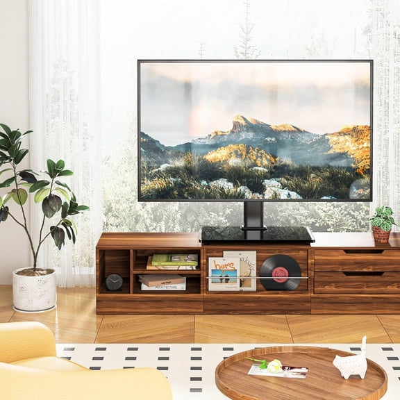 Universal Table Top TV Stand TV Base Replacement for Most 27-60 Inch LCD LED Flat Curved Screen TVs Holds up to 88lbs, Height Adjustable TV Mount Stand with Tempered Glass Base, VESA 400x400mm