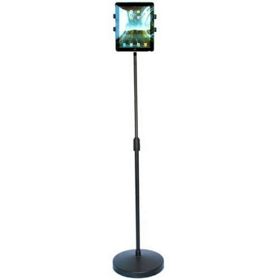 Universal Tablet Holder, Floor Stand on Weighted Round Base with Straight Telescoping Post