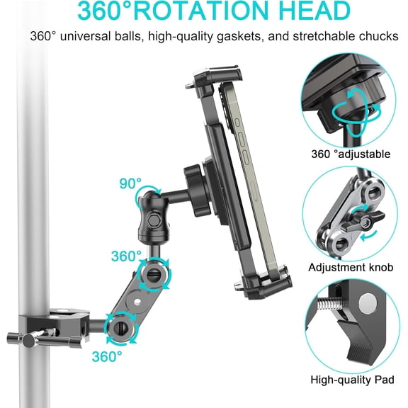 Universal Tablet Holder Mount for Treadmill Exercise Bike Stroller Wheelchair Golf Cart - 360 Rotatable Adjustable Clamp 4.7" to 12.9" iPad iPhone Smartphones & Tablets