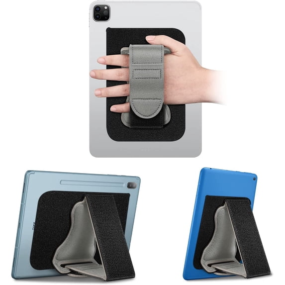 Universal Tablet Stand Adjustable Hand Strap Holder, Detachable Padded Hook & Loop Fastening Handle Grip with Adhesive Patch for iPad/Galaxy Tab & All 7-11" Tablets, Gray