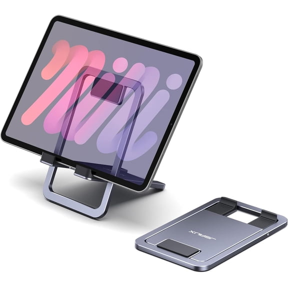 Universal Tablet Stand, Portable Foldable Tablet Holder for Desk Compatible with iPad mini/Air, Samsung Galaxy Tab, Kindle Fire, Steam Deck, Switch 2, ROG Ally, iPhone and Other Tablets-Gray