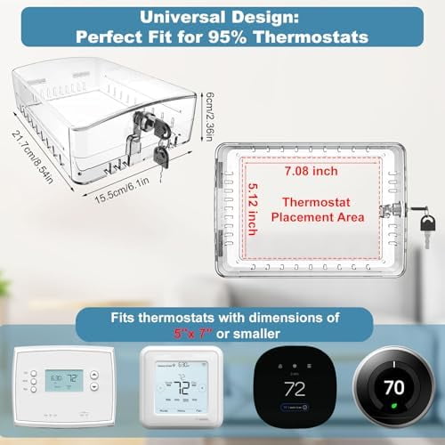 Universal Thermostat Lock Box-Heavy Duty Large Cover with Key Lock,Prevent Unauthorized Adjustments for Home, Office, Rental Property, Fits Emerson, Honeywell 5" H x 7" W or Smaller Thermostats