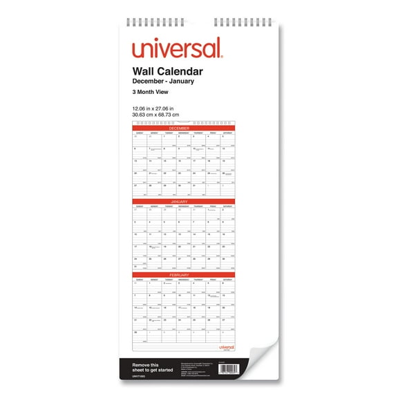 Universal Three-month Wall Calendar, White/black/red, 12 X 27, 2021
