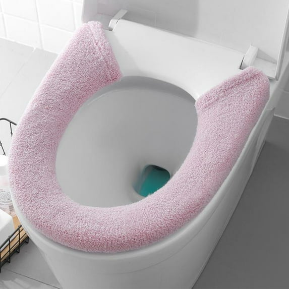 Universal Toilet Seat Cover with Zipper | Pink Teddy Fleece Winter Toilet Mat | Non-Slip Bathroom Toilet Lid Cushion | Soft Warm Toilet Ring Pad for Home Comfort