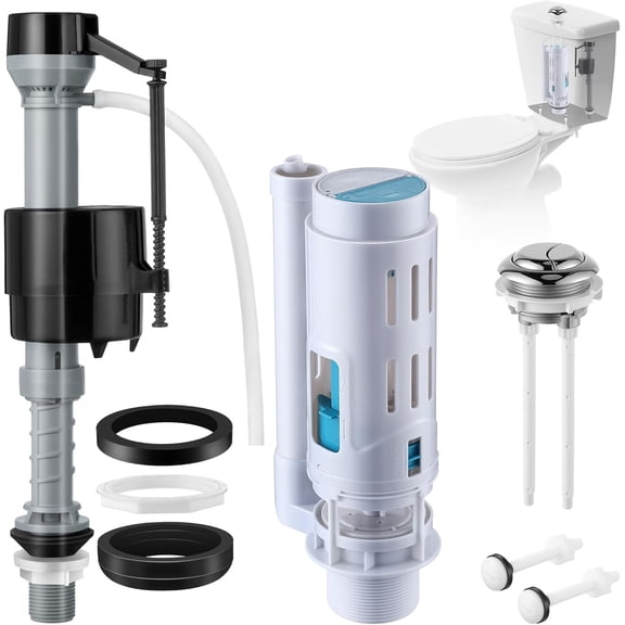 Universal Toilet Tank Replacement Kit, Include Dual Flush Valve with Push Button, Toilet Fill Valve, Bowl Gasket and Plastic Bolts, Tank Parts Replacement for 2-Piece