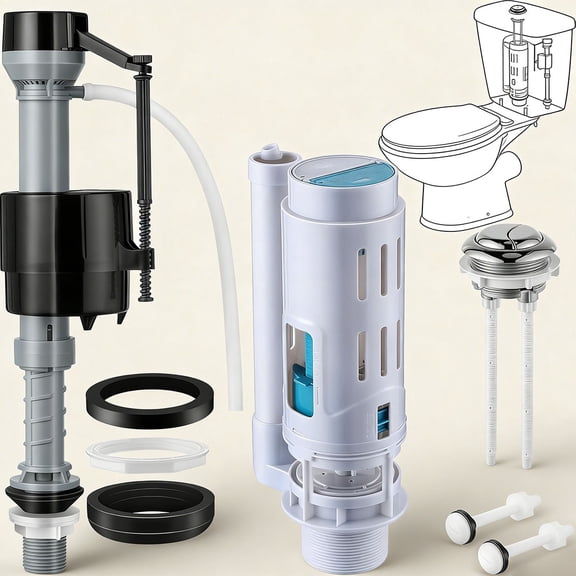 Universal Toilet Tank Replacement Kit, Include Dual Flush Valve with Push Button, Toilet Fill Valve, Bowl Gasket and Plastic Bolts, Tank Parts Replacement for 2-Piece