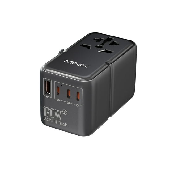 Universal Travel Adapter – 170W GaN III Charging, Dual Protection, 4-Port Design & Glove-Friendly Plug Switching TP170