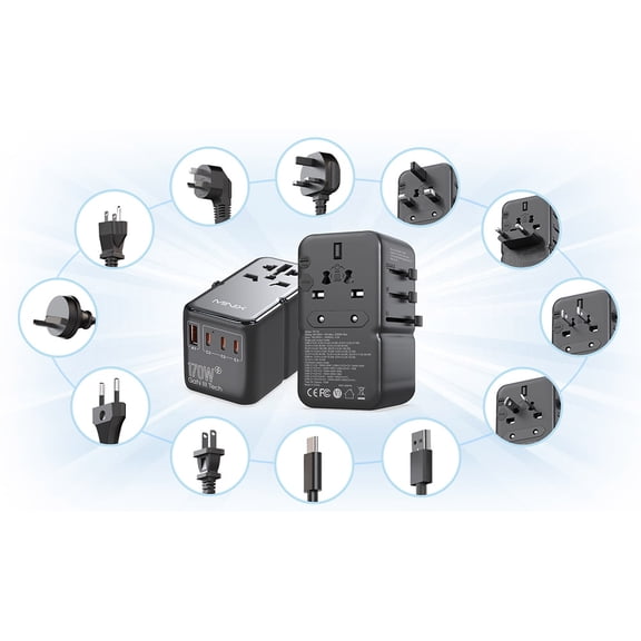 Universal Travel Adapter,170W Plug Adapter for USA EU UK AUS,Power Adapter Worldwide Charger with 3 USB-C& USB-A Ports, Compatible with US/UK/EU/AU for Laptops, Tablets, Phones,Black