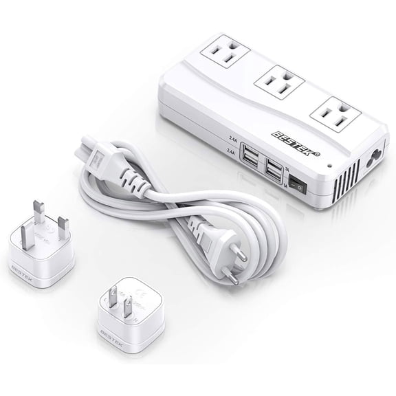 Universal Travel Adapter 220V to 110V Voltage Converter with 0-2.4A 4 Port USB Charging and UK/AU/US/EU Worldwide Plug Adapter (White)