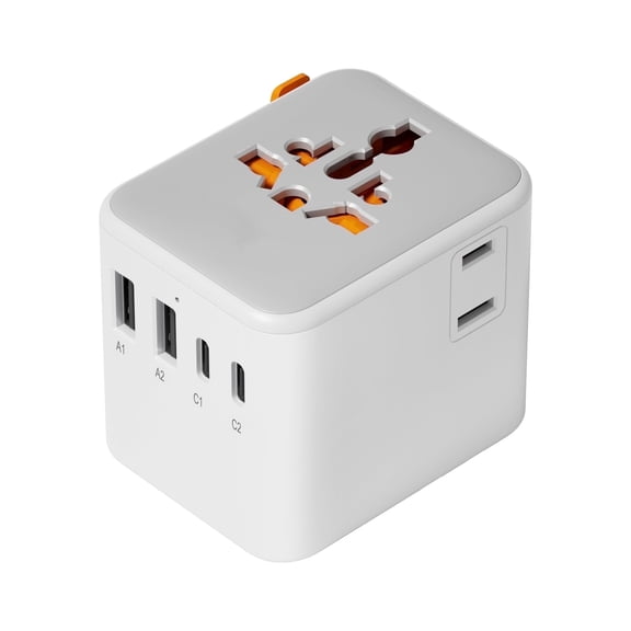 Universal Travel Plug Adapter, Type C/G/E/F/I/A/B, 4 USB Ports (2 USB-C), 2 AC Outlets, International Wall Charger, 200 Country Compatibility, Compact
