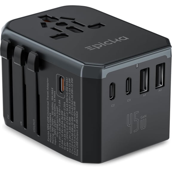Universal Travel Adapter GaN 45W, European Plug with PD&QC Fast Charging(2 USB-A & 3 USB-C Ports) - Worldwide Essentials, International Power for UK/US/AU (Black)