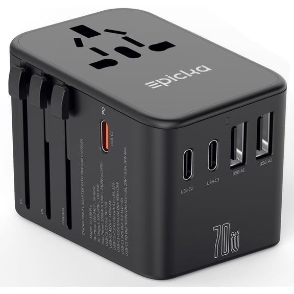 Universal Travel Adapter, GaN International Plug Adapter with 3 USB-C 70W PD Fast Charging & 2 USB-A Adaptor All-in-one Wall Charger for USA EU UK AUS (TA-105 Pro, Black)