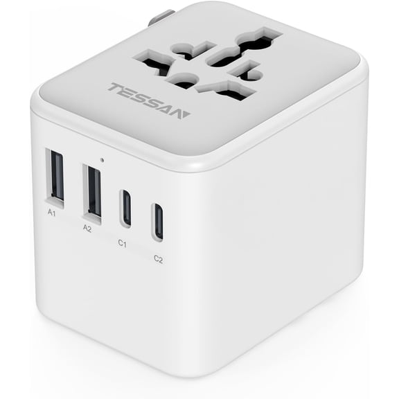 Universal Travel Adapter, International Power Adapter with 2 USB C 2 USB A Ports, Travel Plug Adaptor Worldwide for US to Europe UK Italy Ireland Australia France Germany(Type C G A I)