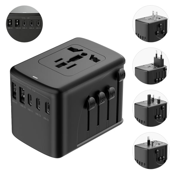 Universal Travel Adapter, European Travel Plug Adapter (Not a Voltage Converter) International Power Adapter Worldwide Charger with 3 USB-C & 2 USB-A Ports, (Black)