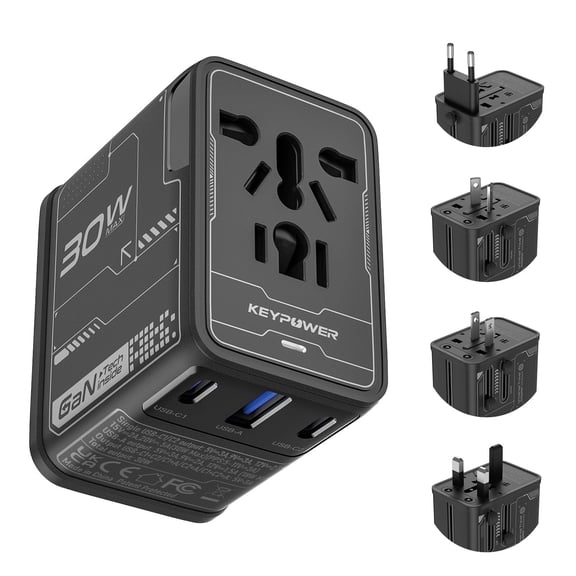 Universal Travel Adapter, KeyPower 30W GaN International Power Adapter with 2 USB C and 1 USB A, All in One Travel Plug Adapter, Worldwide Outlet Wall Charger Converter for EU US UK AU 200+ Countries
