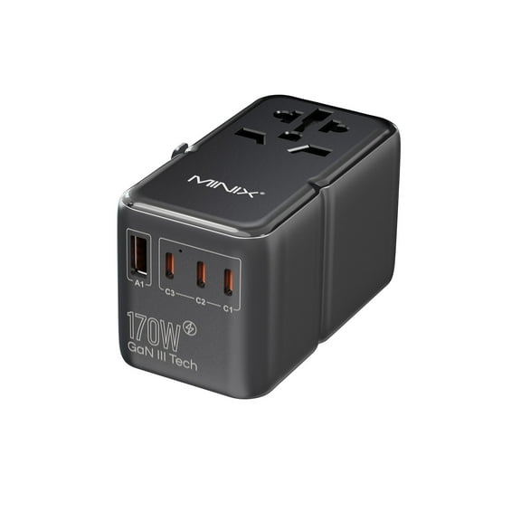 Universal Travel Adapter MINIX TP170, 3 USB-C & 1 USB-A Ports, Compatible with US/UK/EU/AU for Laptops, Tablets, Phones - Black