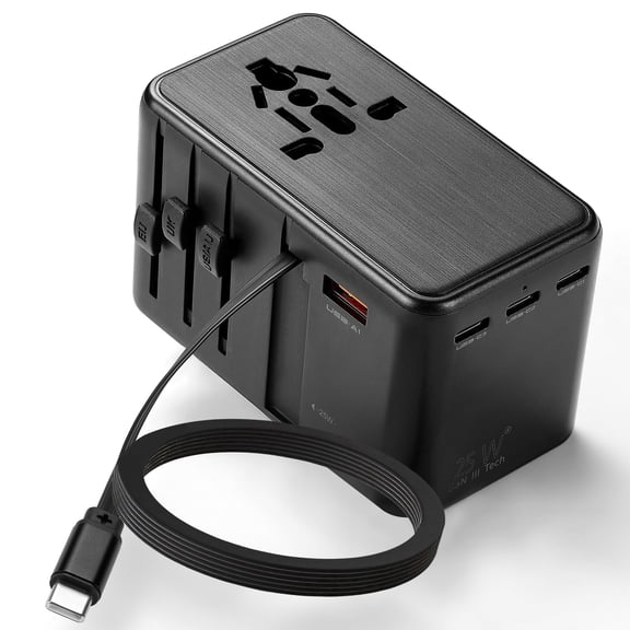 OGEDNAC Universal 25W GaN International Plug Adapter Travel Plug Adapter with Retractable PD Fast Charge Cable, 4 USB(3 USB C) Charging Ports, Black