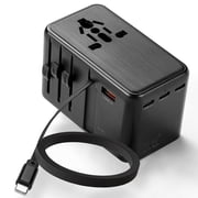 OGEDNAC Universal 25W GaN International Plug Adapter Travel Plug Adapter with Retractable PD Fast Charge Cable, 4 USB3 USB C Charging Ports, Black