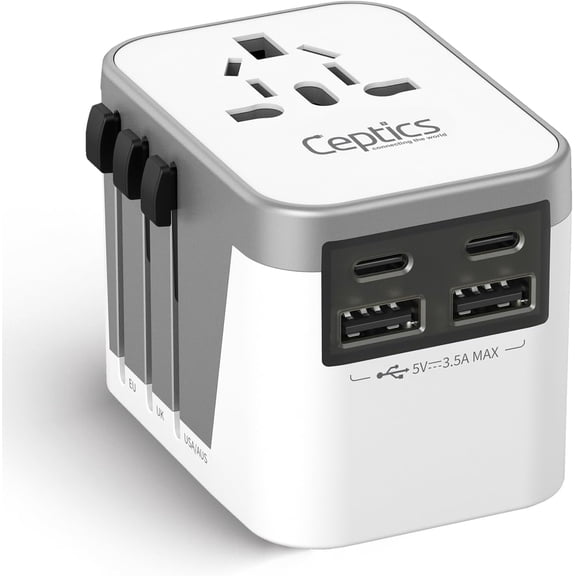 Universal travel adapter plug with dual- and ports global power adapter suitable for Europe, UK, China, UAE, Australia charging mobile phones, smartwatches, and tablets type, , ,