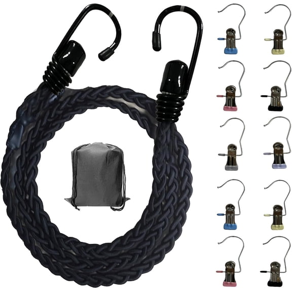 Universal Tri-Braided Cord Drying Clothesline, Retractable Portable Clothesline for Travelling or Camping. Laundry Drying Clothesline with Non-Slip Hook Clips for Indoor and Outdoor use