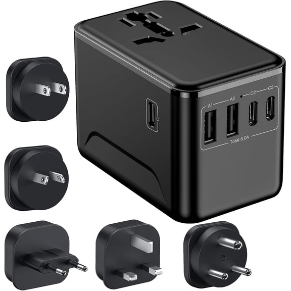 Universal with Type D Plug(India & Most Africa), International Power Adapter, 30W 3X USB-C & 2X USB-A Ports & 2500W AC Outlet, Travel Charger for Europe US UK AUS 200+ Countries