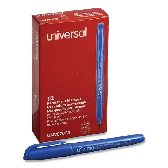 Universal UNV07073 Fine Bullet Tip Pen-Style Permanent Marker - Blue (1 Dozen)