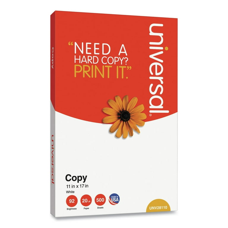 Universal Copy Paper, 92 Bright, 20 lb, 11 x 17, White, 500 Sheets/Ream