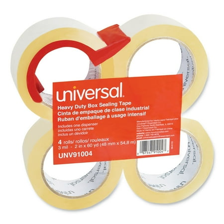 Universal UNV91004 Heavy-Duty 3 in. Core 1.88 in. x 60 yds. Box Sealing Tape with Dispenser - Clear (4-Piece/Pack)