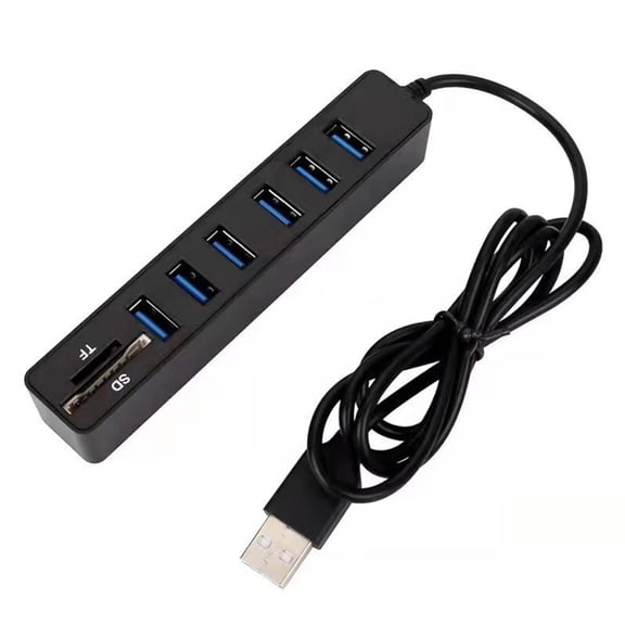 Universal USB 2.0 Hub with 6 Port and Builtin Cable Broad Compatibility for Smartphones Tablets and Laptops