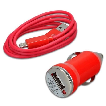 Universal USB Car Charger/Power Adaptor & Micro USB Charge and Sync Cable Red