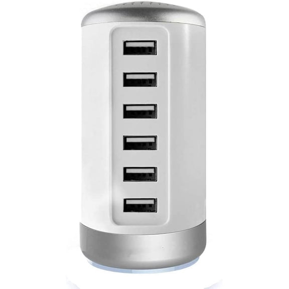 Universal USB Charger 6-Port Desktop USB Charging Station with Smart Identification Technology Compatible for All iPad iPhone 14 13 12 11 Pro Max Pixel Note Galaxy White