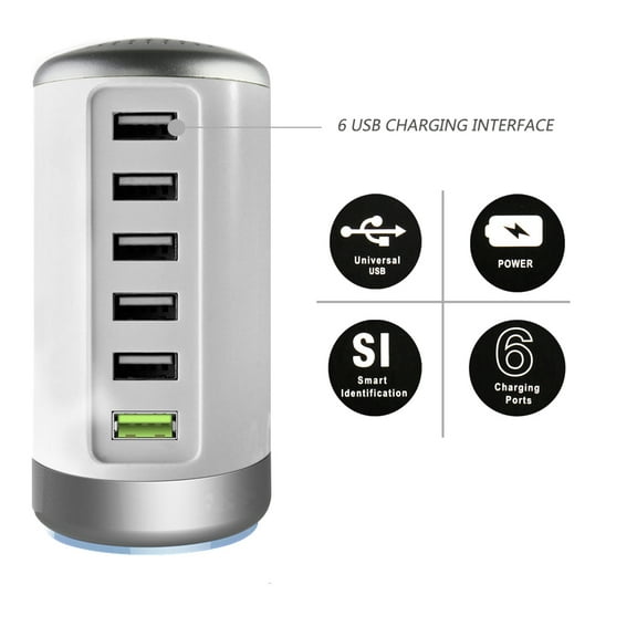 Universal USB Charger 6-Port Desktop USB Charging Station with Smart Identification Technology for Phone, Tablets(White)