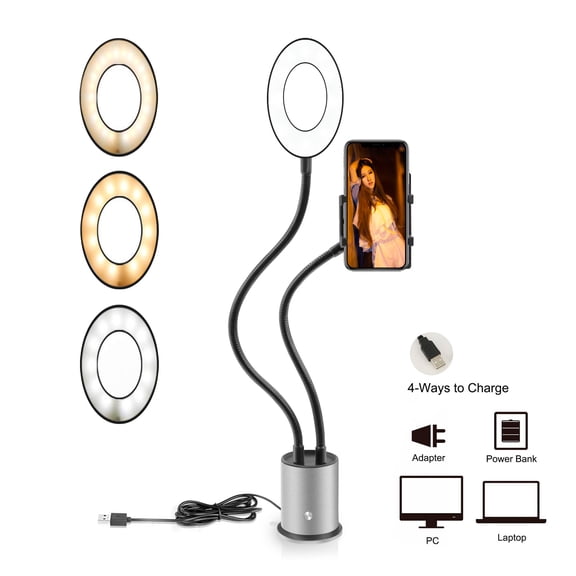 Universal USB Desktop Ring Light with Phone Holder - Dimmable Beauty Fill Light for Live Streaming, Makeup & Selfies, Portable LED Makeup Light Stand