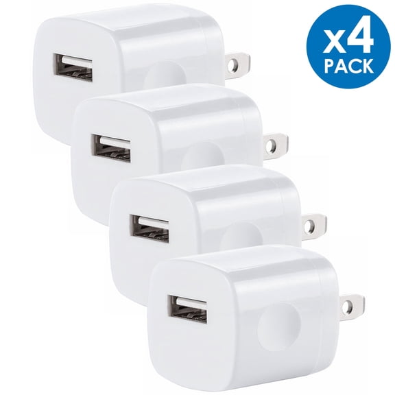 Universal USB Wall Charger Power Adapter Plug 1A 5V Travel Charger USB Charging Brick AC Power Adapter For Phone 6 / 7 / 8 / X / Xs / Xs Max / 11 / 11 Pro Max, Galaxy S8/S9/S10, LG, Google [4-PACK]