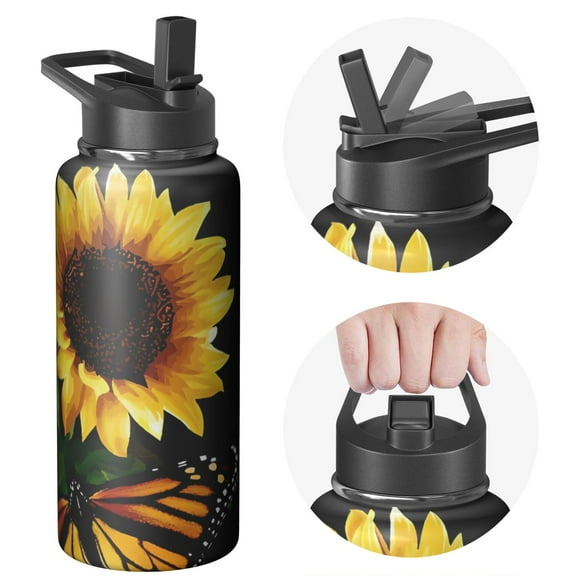 Universal Use 32oz Sunflowers Themed Water Bottle Triple Walled Insulated Stainless Steel With Straw Leak Proof