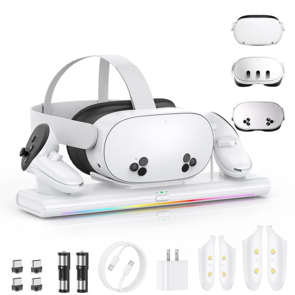 Universal VR Charging Dock for Meta Quest 3S/3/2 - Fast Charge Headset & 2 Controllers Simultaneously, 20W PD, Magnetic Connectors, Colorful RGB Lights, Includes Batteries & Adapter, White