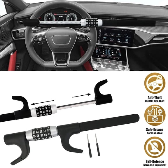 Universal Vehicle Steering Wheel Lock, Heavy Duty Anti-Theft Device Car Security Lock with Adjustable Length & Password Design, Retractable Antitheft Locking Devices for Cars, Trucks, Vans and SUVs