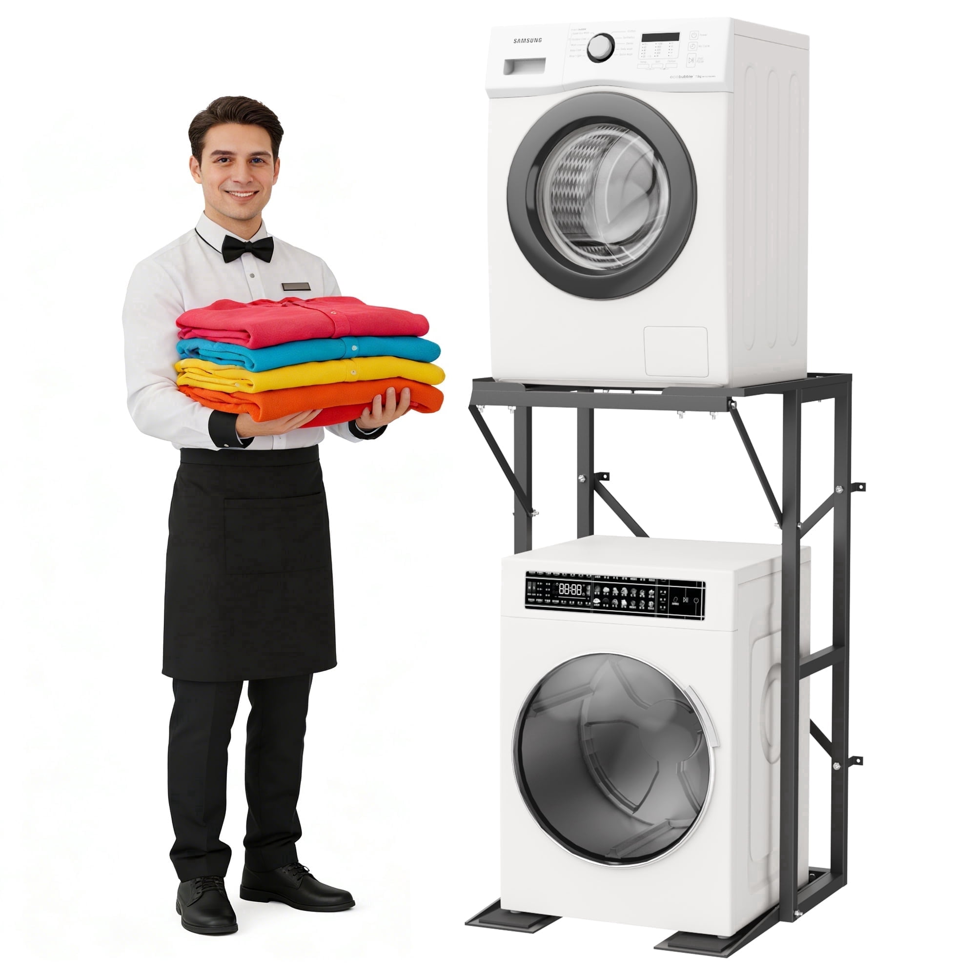 Universal Washer Dryer Stacking Stand, Heavy Duty Steel Washer Dryer Stacking Kit with Anti-Tip Brackets & Non-Slip Pads, Space Saving Laundry Appliance Stand