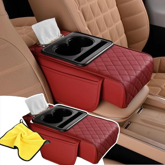 Universal Waterproof PU Leather Center Console Pad - 5-in-1 Car Armrest Box Cover with Cup Holder, Tissue Slot & Phone Holder