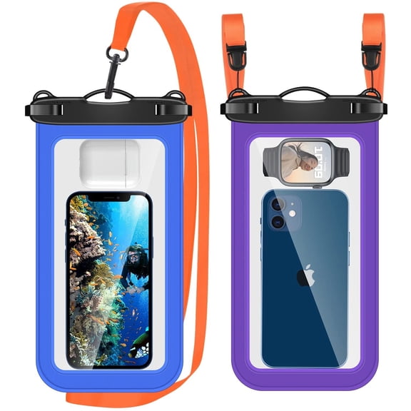 Universal Waterproof Phone Pouch with Lanyard,IPX8 Cellphone Dry Bag Waterproof Case Compatible with iPhone 14 13 12 11 Pro Max SE XS XR S10 S9 Note 20/10 Up to 8" -2 Pack,Purple+Blue