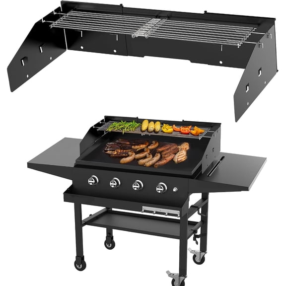 Universal Wind Guard and Warming Rack Set for Griddle From 28" to 36" with Front Grease, Wind Screen and Cooking Grid for Griddle without a Hood, Griddle Parts for Blackstone and Other Griddles