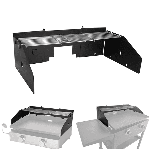 Universal Wind Screen and Griddle Warming Rack Set Fit for Griddle from 22" to 28" Without Hood, Wind Guard and Cooking Grid for Blackstone and Other Brand with Rear Grease