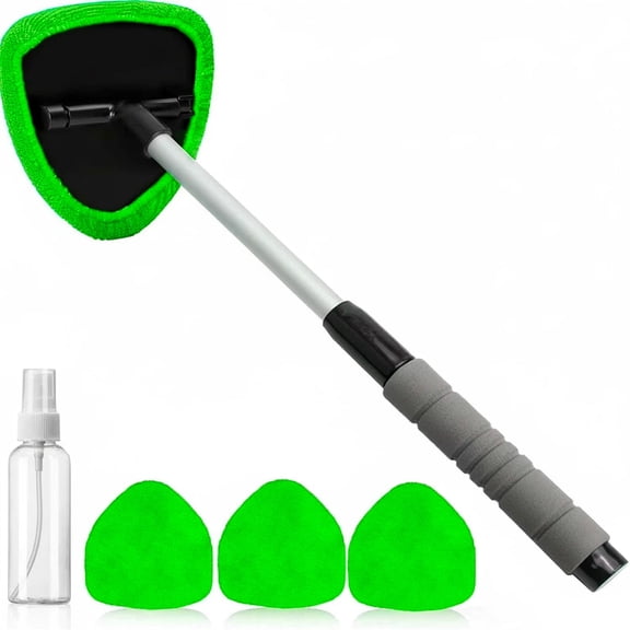 STORGENER Windshield Cleaner Tool, Extendable Handle Car Interior & Exterior Window Cleaning Tool with 4 Reusable Microfiber Pads, Auto Glass Wiper Brush Kit for Cars, Green