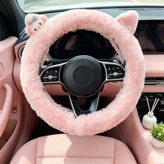 Universal Winter Plush Steering Wheel Cover Soft Fluffy Non-slip Car Wheel Protector Cute Ear Bow Decorative Car Interior Accessory