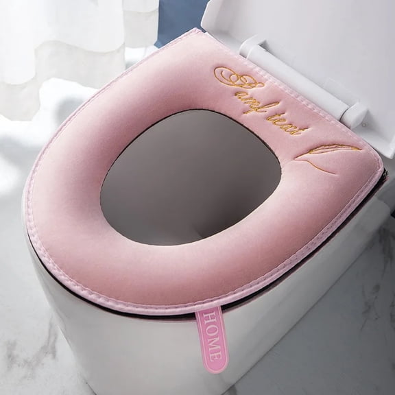 Universal Winter Warm Velvet Toilet Seat Cover with Zipper Flip Lid Handle Tab Letters Embroidery Washable Waterproof Pad